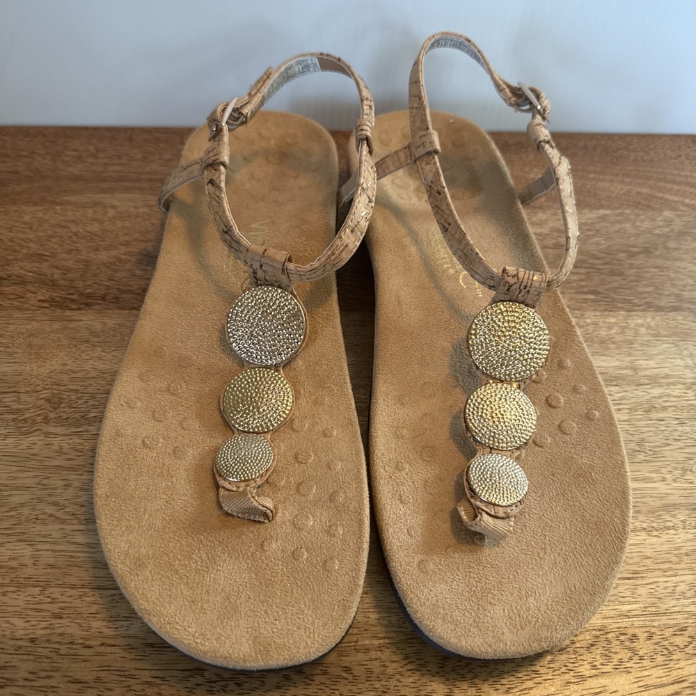 Vionic Lizbeth Sandal Women 10 Gold Cork Leather Orthotic Comfort T-Strap Buckle - Picture 1 of 13